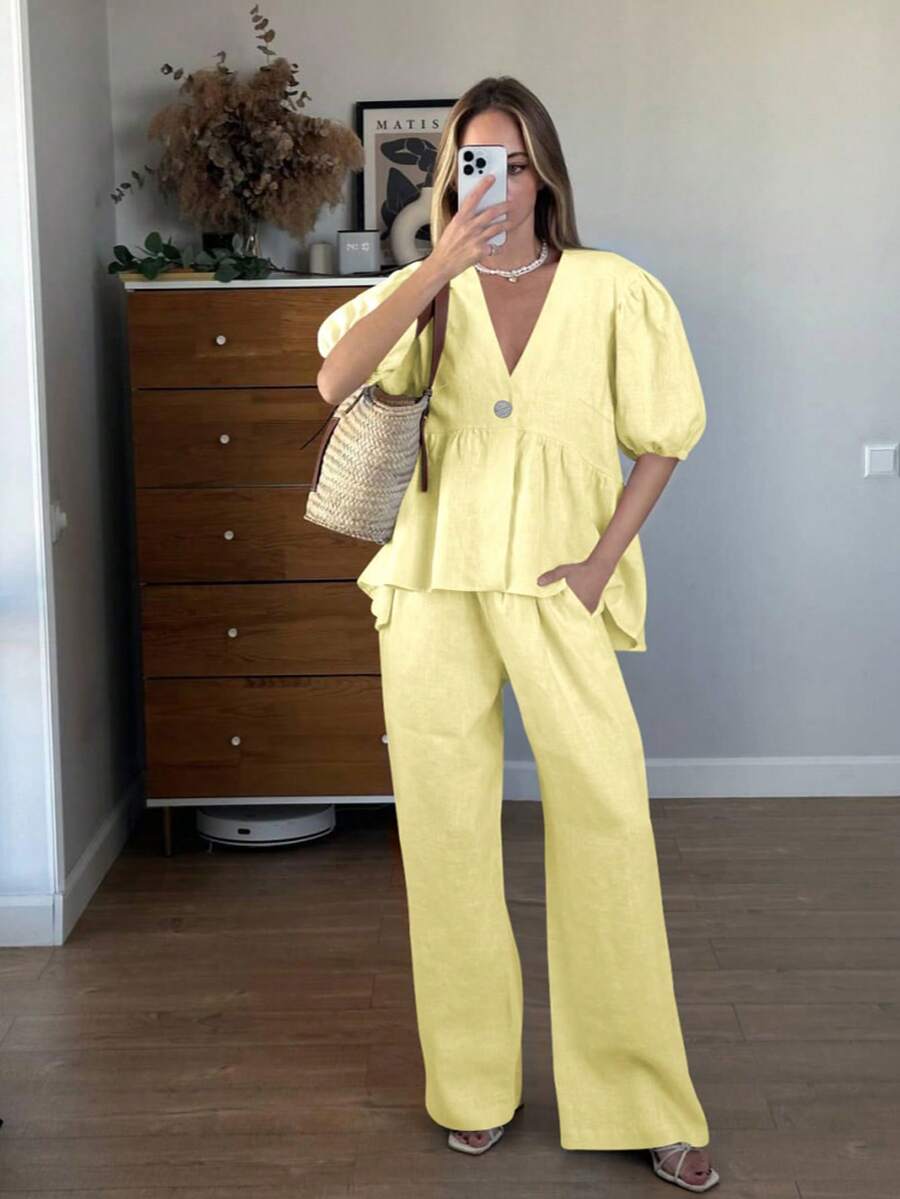 女式两件套：泡泡袖斜领衬衫和松紧腰口袋裤，轻盈半透明面料，休闲优雅，适合晚间、海滩、婚礼、花园、街头 - 黃色 - 查看 1