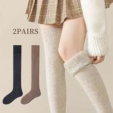 2双装秋冬过膝女袜，羊毛保暖内衬长袜，防冻保护，加厚保暖防寒过膝袜 - 彩色 - 查看 17