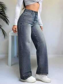 Straight Leg Loose Casual Jeans With Pockets, Versatile For Teenage Girls - Medium Wash - View 3
