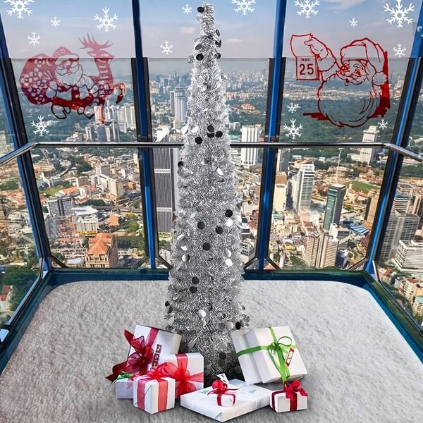 60in Pop Up Christmas Tree With Stand Silver Tinsel Collapsible Artificial Christmas Tree For Holiday Home Garden Party Office Coffee House Indoors Outdoors Christmas Decoration Home Decor Christmas Decorations Room Decor Winter