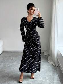 Women's Casual, Elegant, Bohemian-Style Polka Dot Long Dresses With A Conservative Design And Zipper, Suitable For Daily Wear, Commuting, Early Autumn, Autumn And Winter, As Well As Christmas Vacation - Black - View 1