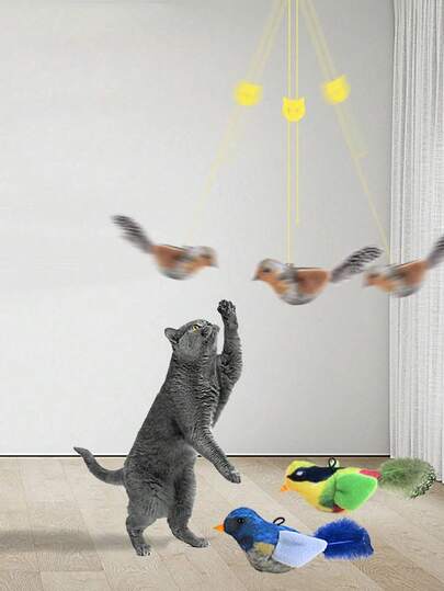 Juguete para gato con pájaro realista que hace sonidos de aleteo, juguete interactivo para gatos con pájaro que chirría, sin necesidad de batería, que simula el juego de caza del gato, con alas que aletean y pájaro que chirría, adecuado para gatos de interior