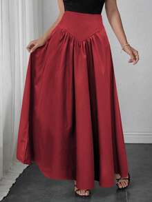 Falda evasé elegante para mujer, adecuada para citas, uso estudiantil, viajes diarios, versátil, casual, playa y otras ocasiones. Falda evasé elegante y casual para mujer, de unicolor, con diseño de cintura entallada y plisado, de tela tejida, disponible en varios colores, apta para salidas y también se puede usar como ropa de estar en casa. - Rojo - Ver 5