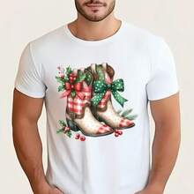 1 pièce/2 pièces/3 pièces Autocollants de transfert de chaleur en feuille d'aluminium de bottes de cowboy occidental, avec motif à carreaux rouges et verts, boucle et nœud marrons - Décalcomanies de presse à chaud DTF pour t-shirts, jeans, sacs, oreillers, artisanat textile - Décoration de Noël thème western à motif à carreaux avec boucle dorée et nœud rouge, couleurs de vêtements vibrantes