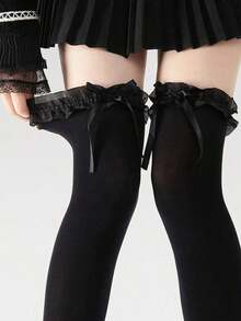 1 Pair Bow Lace Over-The-Knee Socks – Y2K Style Thigh High Socks, Perfect For Mini Skirts, Cute Kawaii Hosiery - 黑色 - 查看 1