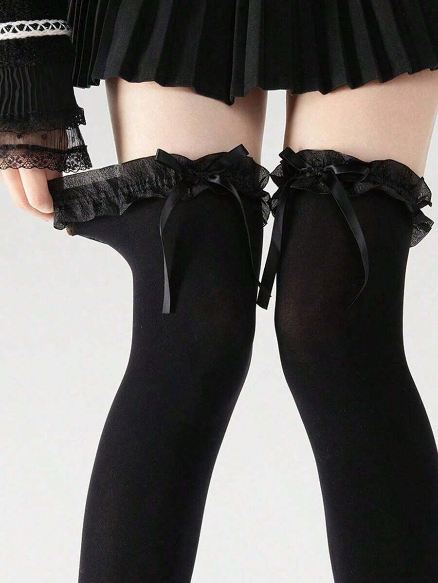 1 Pair Bow Lace Over-The-Knee Socks – Y2K Style Thigh High Socks, Perfect For Mini Skirts, Cute Kawaii Hosiery - 黑色 - 查看 1