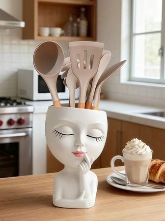 1pc Cute Face Shaped Resin Utensil Holder For Kitchen Counter, Boho Aesthetic Tableware Organizer Storage Container For Chopsticks, Spoons, Forks, Creative Decorative Kitchen Decor With Artistic Design, Functional & Stylish Organizer For Dining Table, Ideal Gift For Housewarming, Kitchen Decorations Lovers