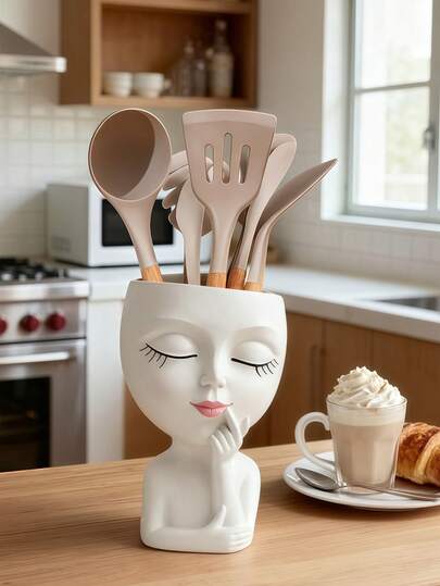 1pc Cute Face Shaped Resin Utensil Holder For Kitchen Counter, Boho Aesthetic Tableware Organizer Storage Container For Chopsticks, Spoons, Forks, Creative Decorative Kitchen Decor With Artistic Design, Functional & Stylish Organizer For Dining Table, Ideal Gift For Housewarming, Kitchen Decorations Lovers