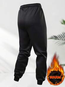 1 قطعة بنطلون رياضي دافئ مبطن للرجال مع جيوب وسحاب، رقعة جلدية ذات لون متباين، خصر قابل للتعديل، حافة مرنة، مريح للارتداء - الأسود - مشاهدة 2