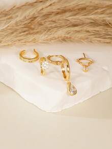 5pcs Elegant Cubic Zirconia Teardrop Pendant Hoop Earrings Set, Suitable For Women Daily Wear, Dates, Parties - Yellow Gold - View 3