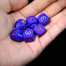 6pcs D6 Dice Set, Blue Dice Body, Multi-Color Numbering, Suitable For Yard, Outdoor Games, Tabletop Games, Festivals, Parties, With Storage Pouch