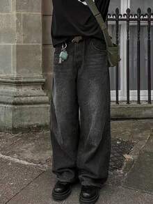 男士口袋简约复古宽松牛仔裤 - 深灰色 - 查看 6