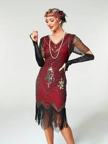 20 世纪 20 年代复古风 V 领流苏连衣裙，万圣节、圣诞节复古派对服装 - 酒紅色 - 查看 4