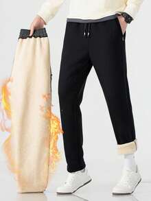 Quần nỉ lót nhiệt dáng rộng thoải mái cho nam, vải dệt kim mềm mại và co giãn, thích hợp mặc hàng ngày, thể thao, thu/đông - màu đen - Xem 3