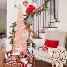 Árbol de Navidad artificial desplegable de 1.8 metros con 100 luces LED con cronómetro, árbol de Navidad de oropel verde, decoración de festividades para el hogar, oficina, fiesta - Rosa - Ver 9