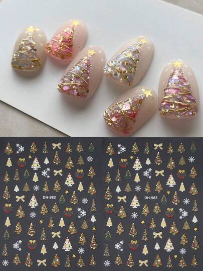 2片圣诞美甲贴纸，3D自粘全息金色圣诞树图案美甲贴花，DIY美甲用品