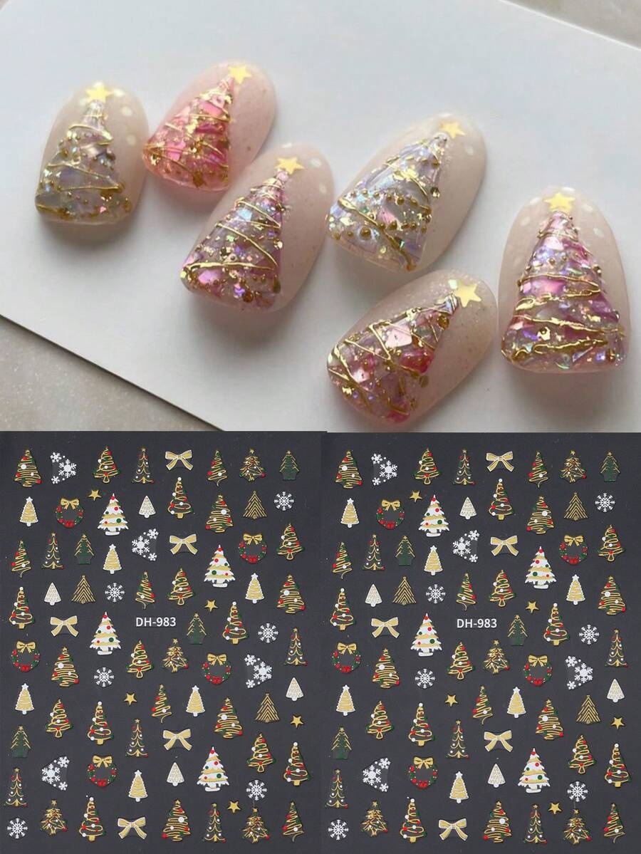 2片圣诞美甲贴纸，3D自粘全息金色圣诞树图案美甲贴花，DIY美甲用品 - 彩色 - 查看 1
