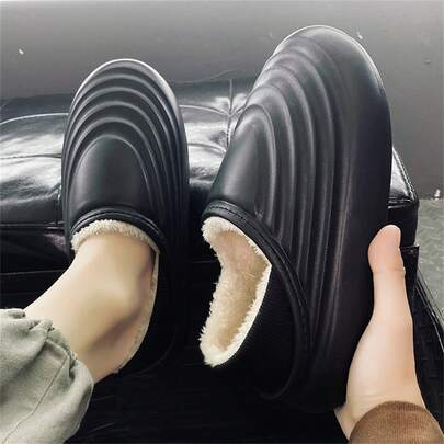 1켤레 남성용 블랙 미끄럼 방지 겨울 신발, 플리스 안감 두꺼운 따뜻한 실내/외 경량 겨울 신발, 겨울