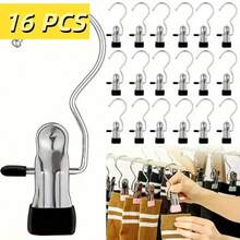 16CS Portable Clothes Hook Clips, Laundry Hooks, Stainless Steel Hanging Clothes Clips, Clip Hanger Rack For Wardrobes, Travel, Socks, Pants, Hats, Towels, Etc. (Black) - 黑色 - 查看 1