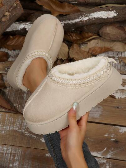 Pantufas femininas de plataforma com forro térmico sintético, novas sandálias de plataforma sem fecho para outono/inverno, modernas e versáteis, pantufas fofinhas.