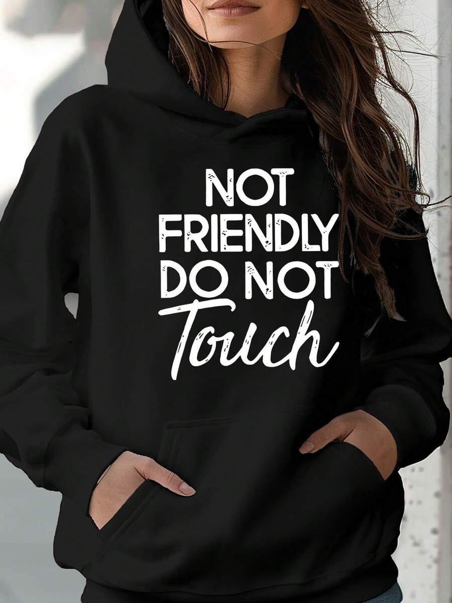Don't Touch Me Graphic Print Hoodie - Women's Casual Long Sleeve Jumping Sweatshirt With Street Style, Fashionable Hood And Spacious  Pocket, Soft And Comfortable Polyester Sportswear For Fall Winter - màu đen - Xem 1