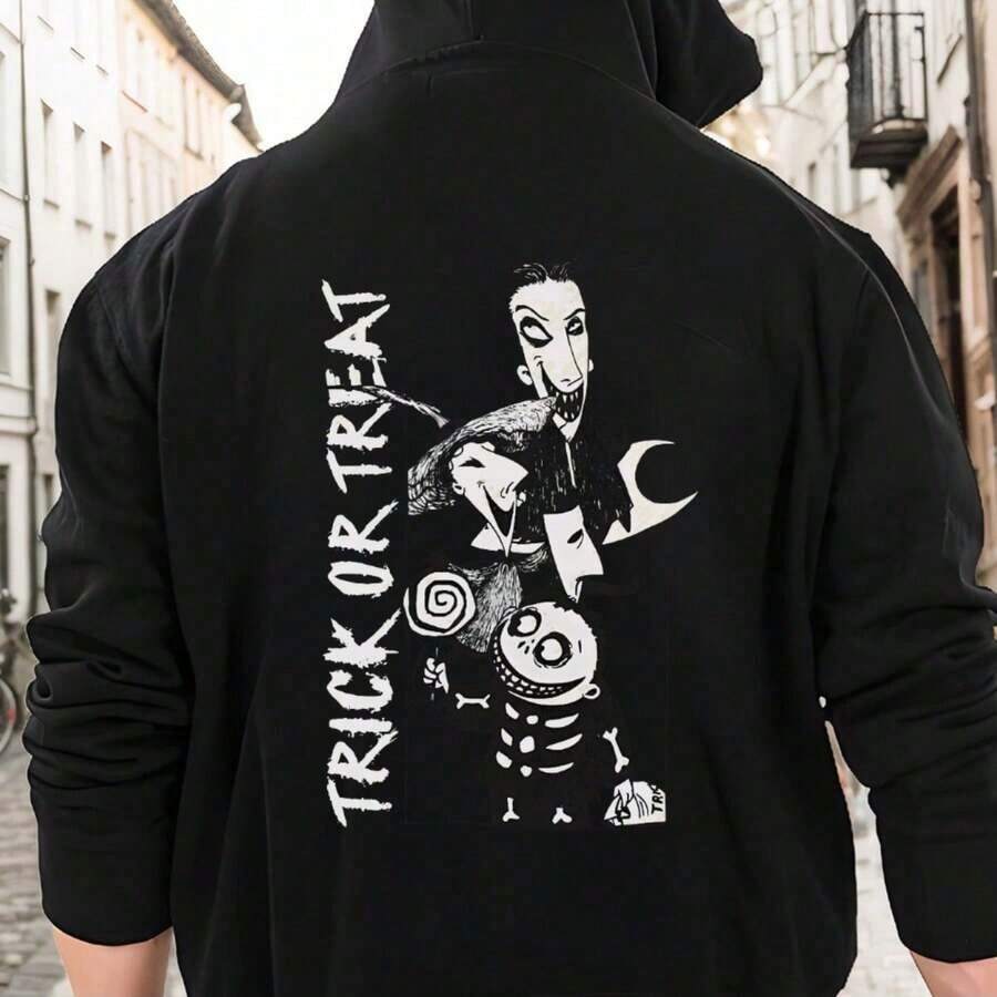 1pc Men'S Casual Cotton Hoodie With Geometric Applique - Nightmare Before Christmas Trick Or Treat Design, Slight Stretch Knit Fabric, Regular Fit Hooded SweathoodieCreative Printing Pattern - trắng - Xem 1