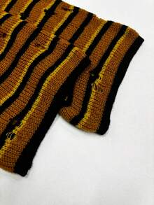 Suéter de punto con cuello alto, manga larga acampanada, rayas y desgaste para mujer, para otoño/invierno - Mostaza Amarilla - Ver 3