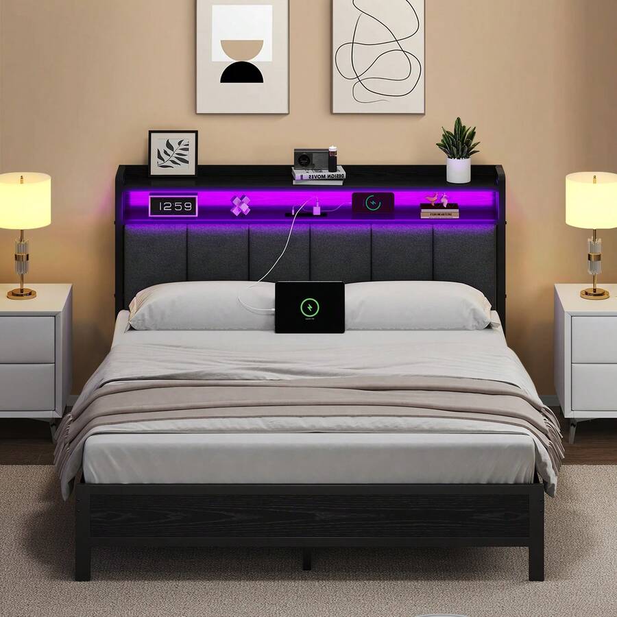 LED Bed Frame With Storage Headboard, Upholstered Bed Frame With Charging Station, Metal Platform Bed Frame With Heavy Duty Metal Slats, No Box Spring Needed, Easy Assembly, Black/ White/ Beige - 黑色 - 查看 1