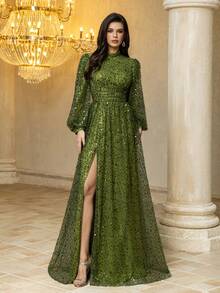 UNITHORSE 女式立领灯笼袖轻奢亮片高开衩长款晚礼服正式晚宴礼服、婚礼宾客礼服、晚宴礼服、颁奖典礼 - 綠色 - 查看 6