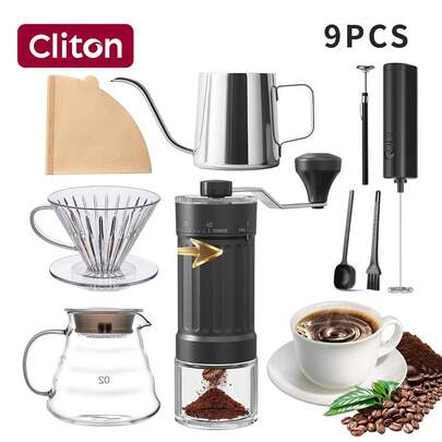 CLITON 手动咖啡研磨机套装（带外部调节功能） - 包括咖啡滤纸、手冲滴滤器、共享壶、奶泡器、温度计、咖啡勺和清洁刷 - 一套完整的工具，可精确冲泡您最喜欢的咖啡。