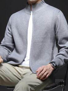 男士秋冬开衫毛衣，立领休闲风，商务/通勤内搭或外穿拉链针织衫，长袖上衣 - 灰色 - 查看 2