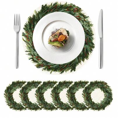 1pc/Set, Pine Branch Wreath Pattern, Round, Christmas Linen Placemat, 14 Inch*14 Inch Seasonal Kitchen Dining Table Decor Tablecloth, Christmas Party Decoration, Home Decor
