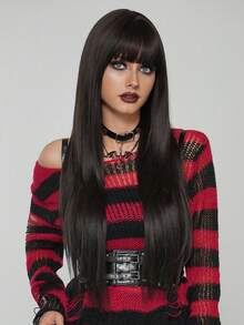 AKAKO 女士超长分层乌黑假发 - 蓬松合成假发，带刘海，自然外观耐热纤维假发，深色哥特式时尚假发，适合日常派对、情人节音乐节和万圣节角色扮演使用 32 英寸 - 自然黑 - 查看 4