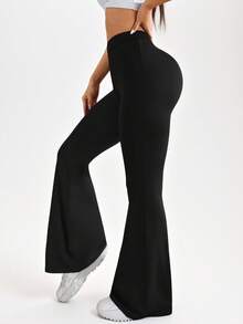 SHEIN Sports Women's Solid Color Ruched Flare Leg Casual Fitness Yoga Pants - Black - View 5