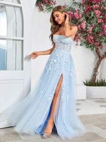 Women's Floral Applique High Slit Mesh Strapless Evening Gown