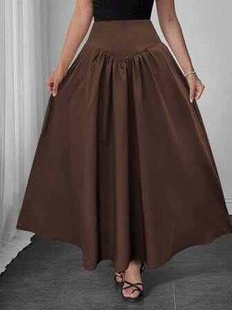 2025 Autumn & Early Autumn Elegant Women's Skirt, Suitable For Dates, Student Wear, Daily Travel, Versatile, Casual, Beach And Other Occasions. Elegant Casual Women's Skirt, Solid Color, Waist-Shaping, Pleated Design, Woven Fabric, Multiple Colors Available, Suitable For Outings And Loungewear.