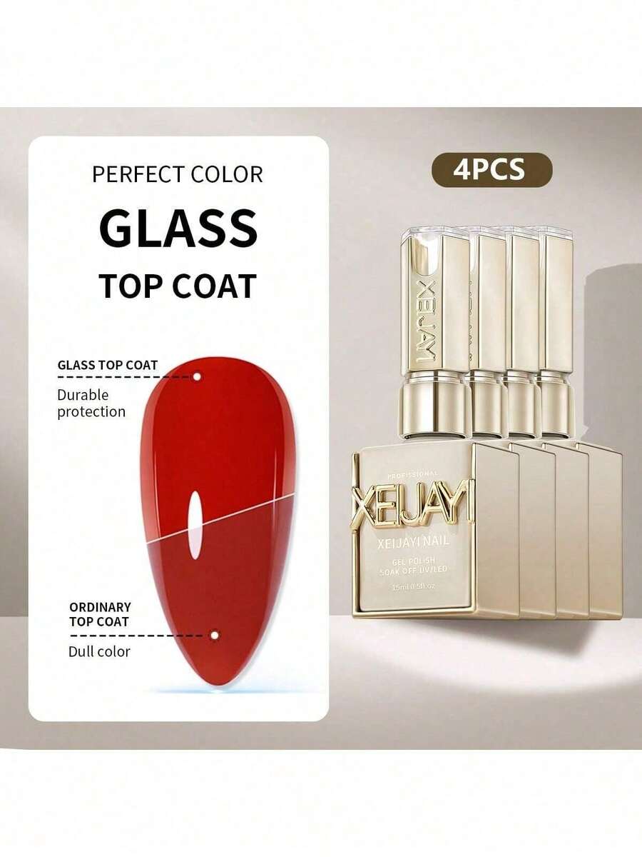 XEIJAYI 4PCS 15ml Glass Top Coat For Nails[TPO&HEMA Free]Clear Rubber Gel Polish, Soak Off UV LED Nail Varnish, High Gloss Top Finish, Nail Strengthening Gel For Home Salon DIY Manicure, Nail Art Decoration Accessories