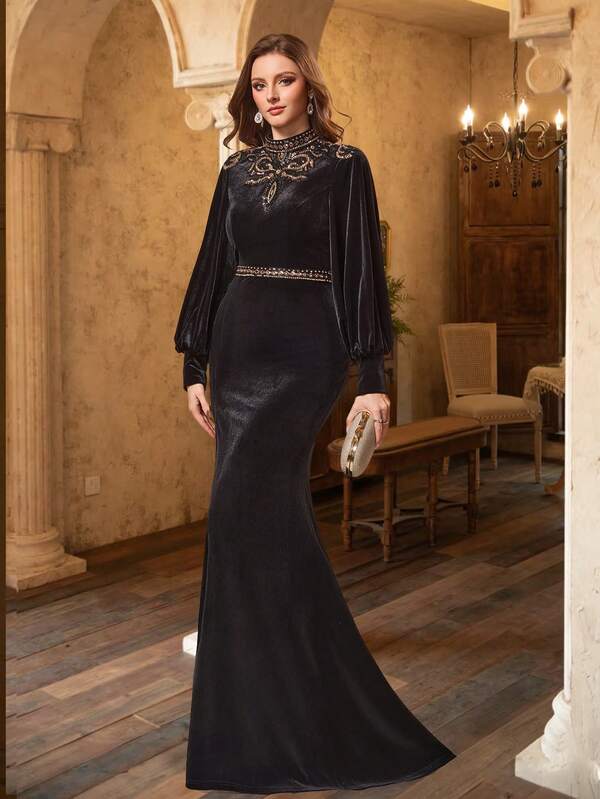 UNITHORSE UNITHORSE Vestido de noite longo elegante com gola alta e manga lanterna, veludo, patchwork, lantejoulas, corte slim, fenda alta