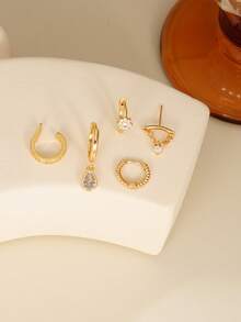 5pcs Elegant Cubic Zirconia Teardrop Pendant Hoop Earrings Set, Suitable For Women Daily Wear, Dates, Parties - Yellow Gold - View 5