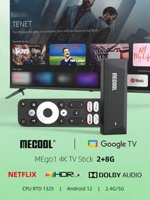 MECOOL Stick de TV MECOOL MEgo1 4K Android 12, certificado, compatible con 4K HDR10+, Dolby Audio, decodificación AV1, 2GB RAM, 8GB ROM, CPU Realtek RTD 1325, WiFi5 2.4G/5G, BT 5.0, LAN, dispositivo de transmisión de medios para TV en el hogar