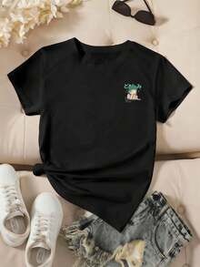 Anime Manga Graphic T-Shirt, Women's Double-Sided Printed T-Shirt, Fashion Casual, Round Neck, 220gsm Pure Cotton (1 Piece) - 黑色 - 查看 2