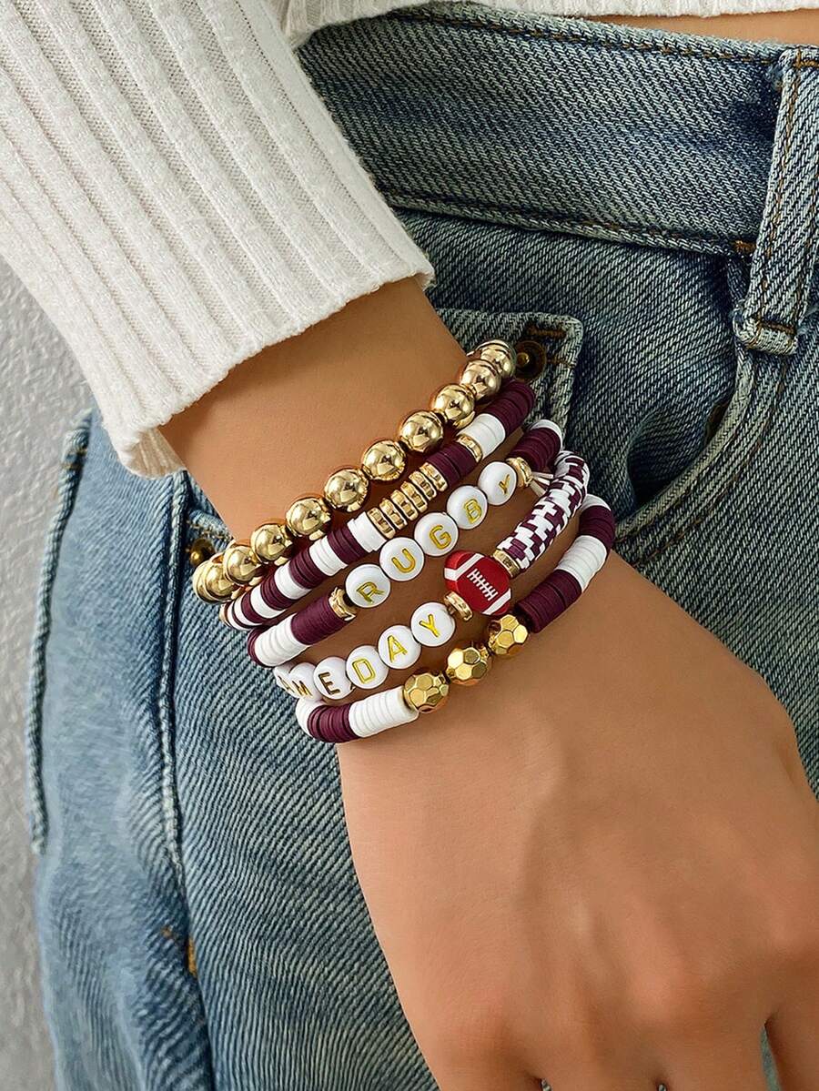 5pcs/Set Personalized Soft Clay Bracelet Set, Creative Metallic Bead, Olive, Heart, Slice Decor Layered Bracelets