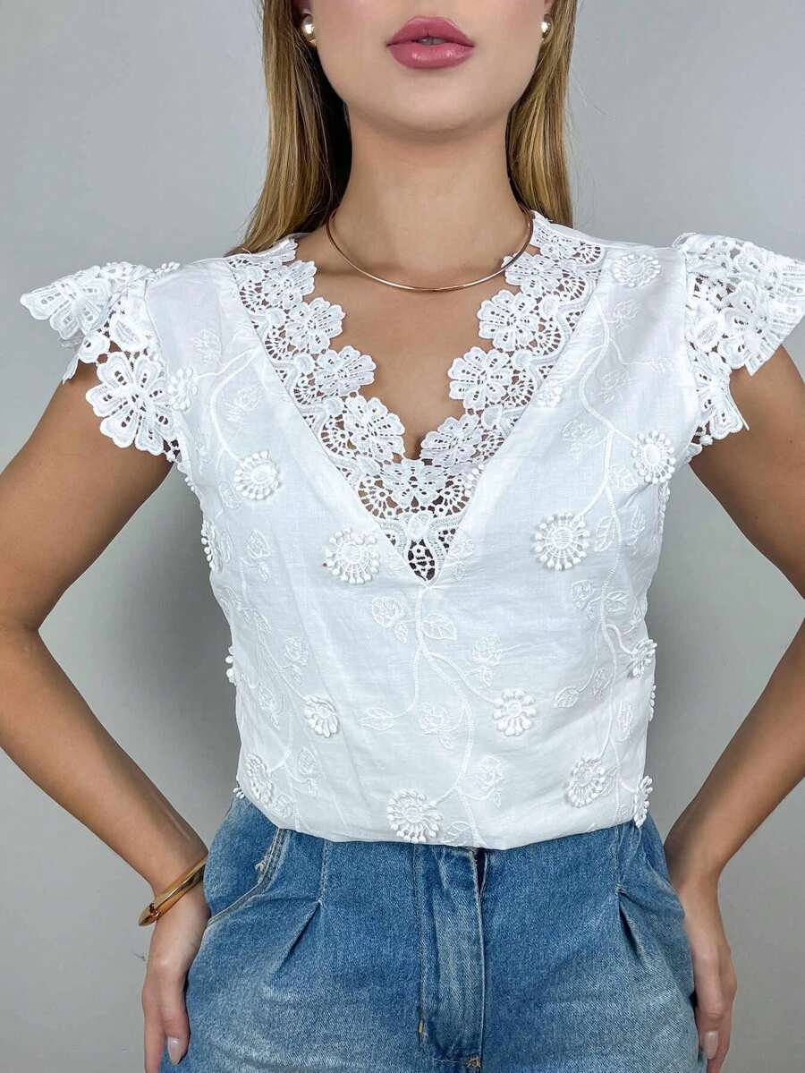 Women's Embroidered Lace Blouse - trắng - Xem 1