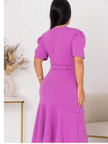 Women's Evangelical Midi Dress With Belt And Button, Secretary , Church Worship Uniform - 中紫紅色 - 查看 5