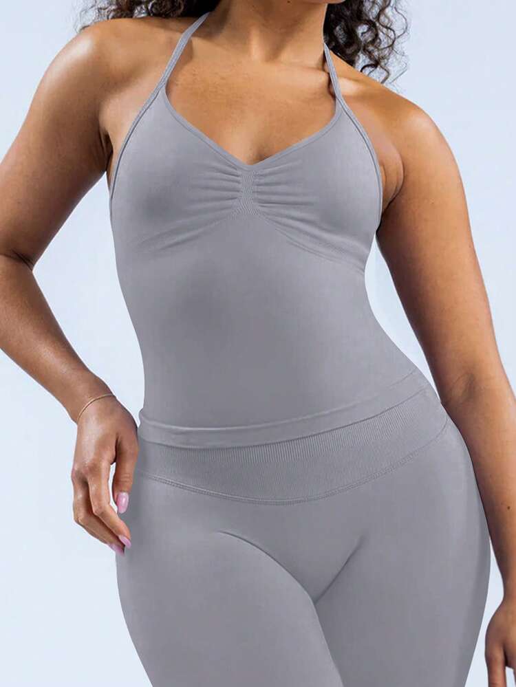 Yefecy Nueva Camiseta de Impacto Deportivo para Yoga para Mujer, Top de Yoga para Gimnasio, Ropa de Entrenamiento con Espalda Descubierta y Sujetador Incorporado con Copas - Gris - Añade 5