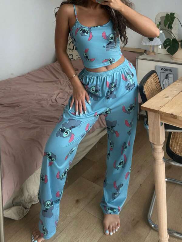 Disney 2pcs Stitch Print Women Camisole Crop Top + Elastic Waist Straight Pants Pajama Set