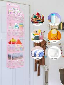 1 件 4/6 层门上收纳架，带 2 个挂钩，大容量无纺布壁挂式储物袋，带透明 PVC 口袋，门后蝴蝶结郁金香图案储物架，适用于卧室育儿室衣橱洗衣房餐具室浴室。（粉色） - 粉色 - 查看 3