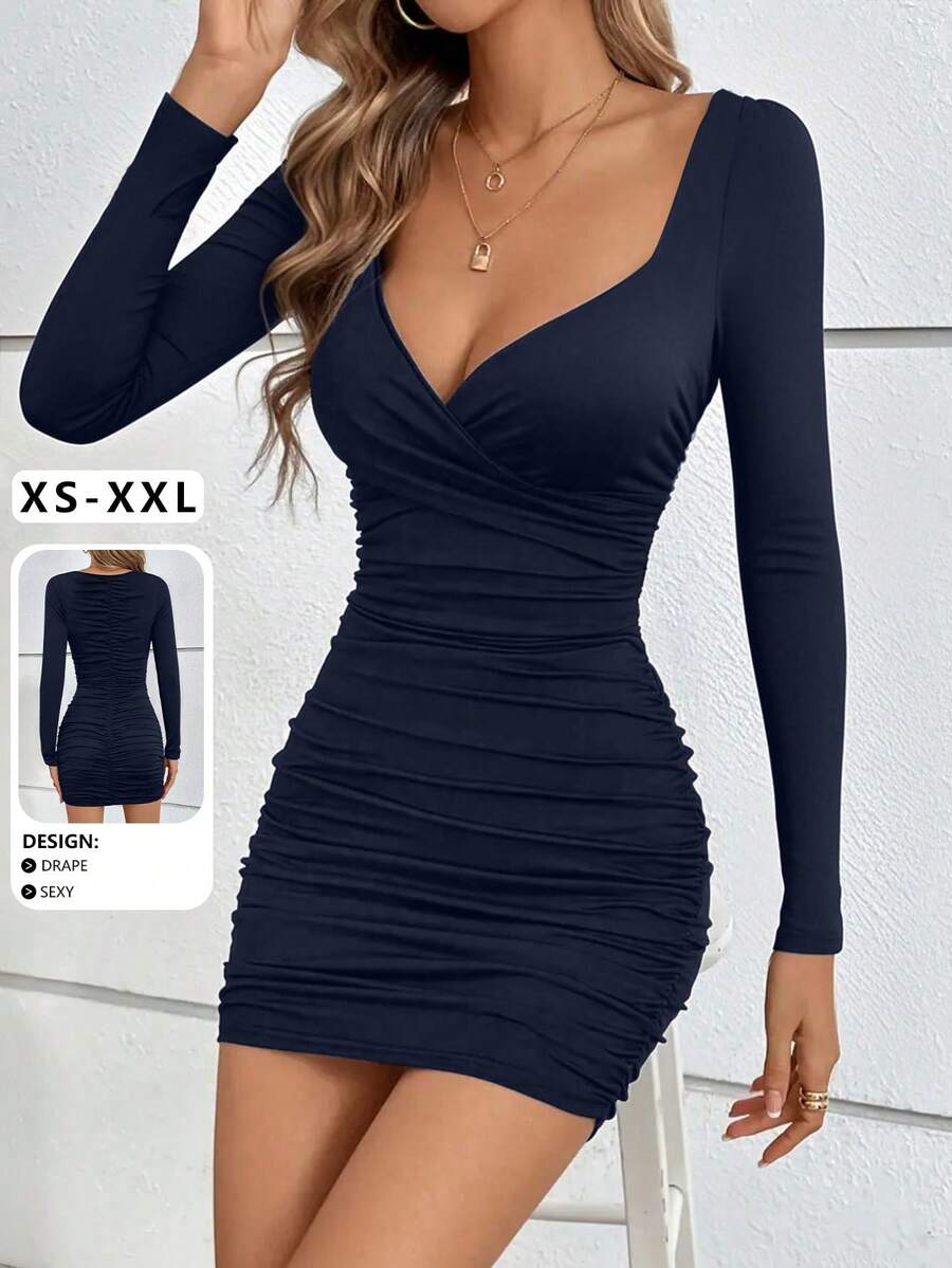 Elegant Ruched Waist Deep V-Neck Long Sleeve Mini Dress, New Arrival For Spring Summer - Navy Blue - View 1