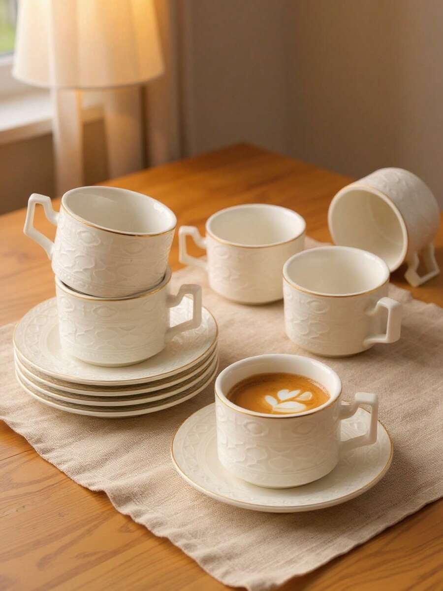 6-Pc Embossed Coffee Cup Set - Ceramic Espresso Cups & Saucers W/ Gothic Relief Design, Cafe Service For Cappuccino/Latte, Perfect For Fall / Thanksgiving Day Table Decor - White-90ml-6 Cups and 6 Plates - View 1