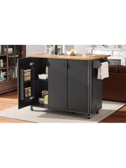 Kitchen Isl Wood Grain Dining Cart, Buffet, 130x45(75)X92cm, Rolling Trolley Towel Holder, Spice Rack, Adjustable Dividers, Doors, White/Black view 7